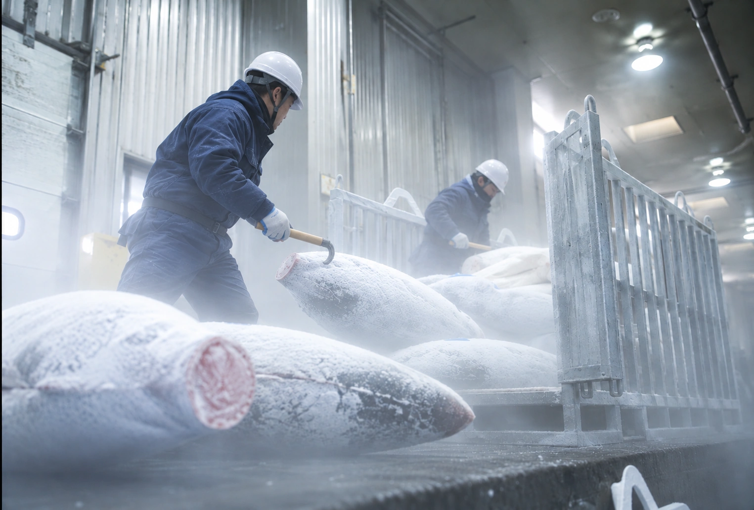 冷凍庫でマグロを扱う作業風景