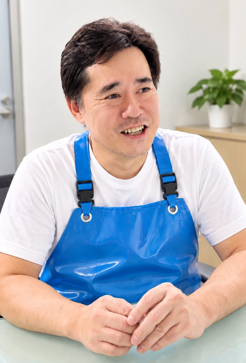 青いエプロンを着て話す男性