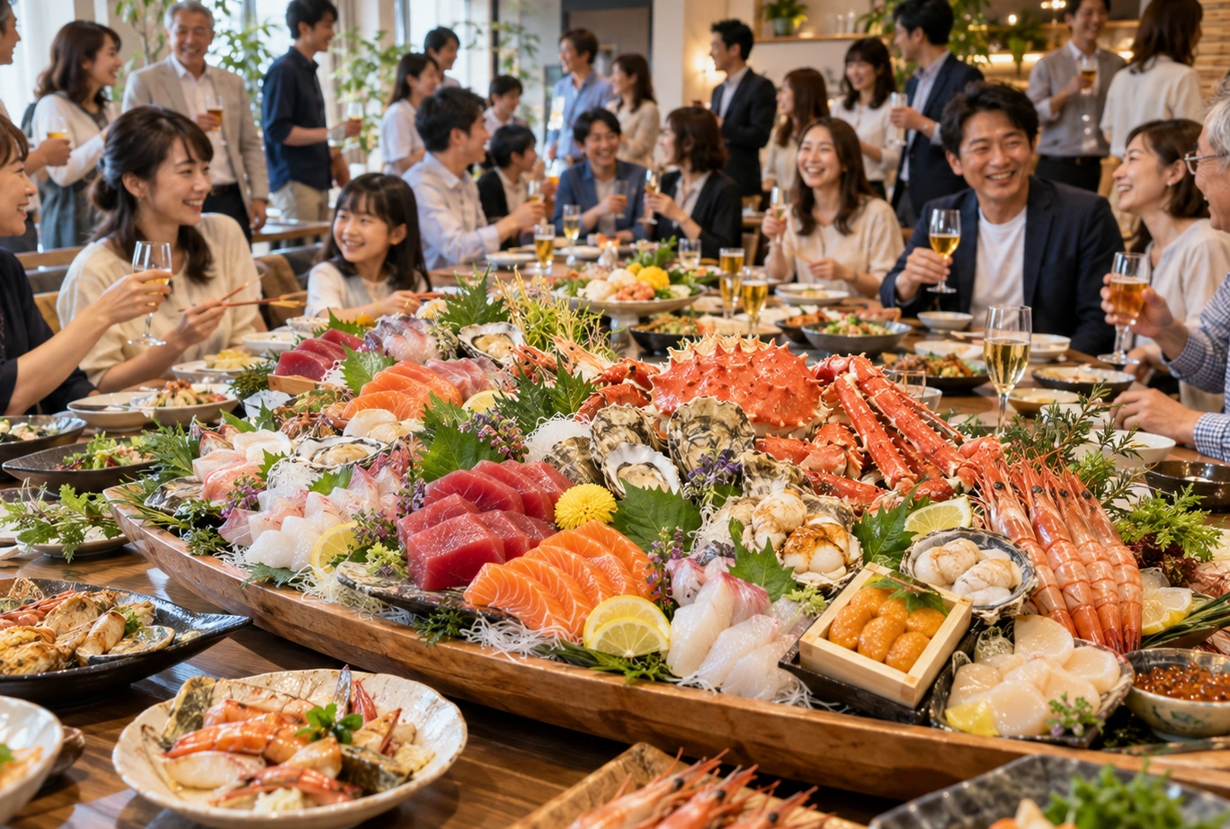 海鮮の盛り合わせを囲んで楽しむパーティー