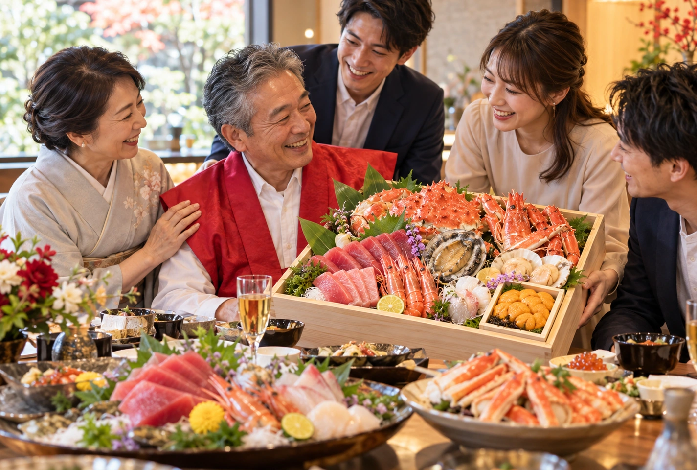 海鮮料理を囲んで父の還暦を祝う家族