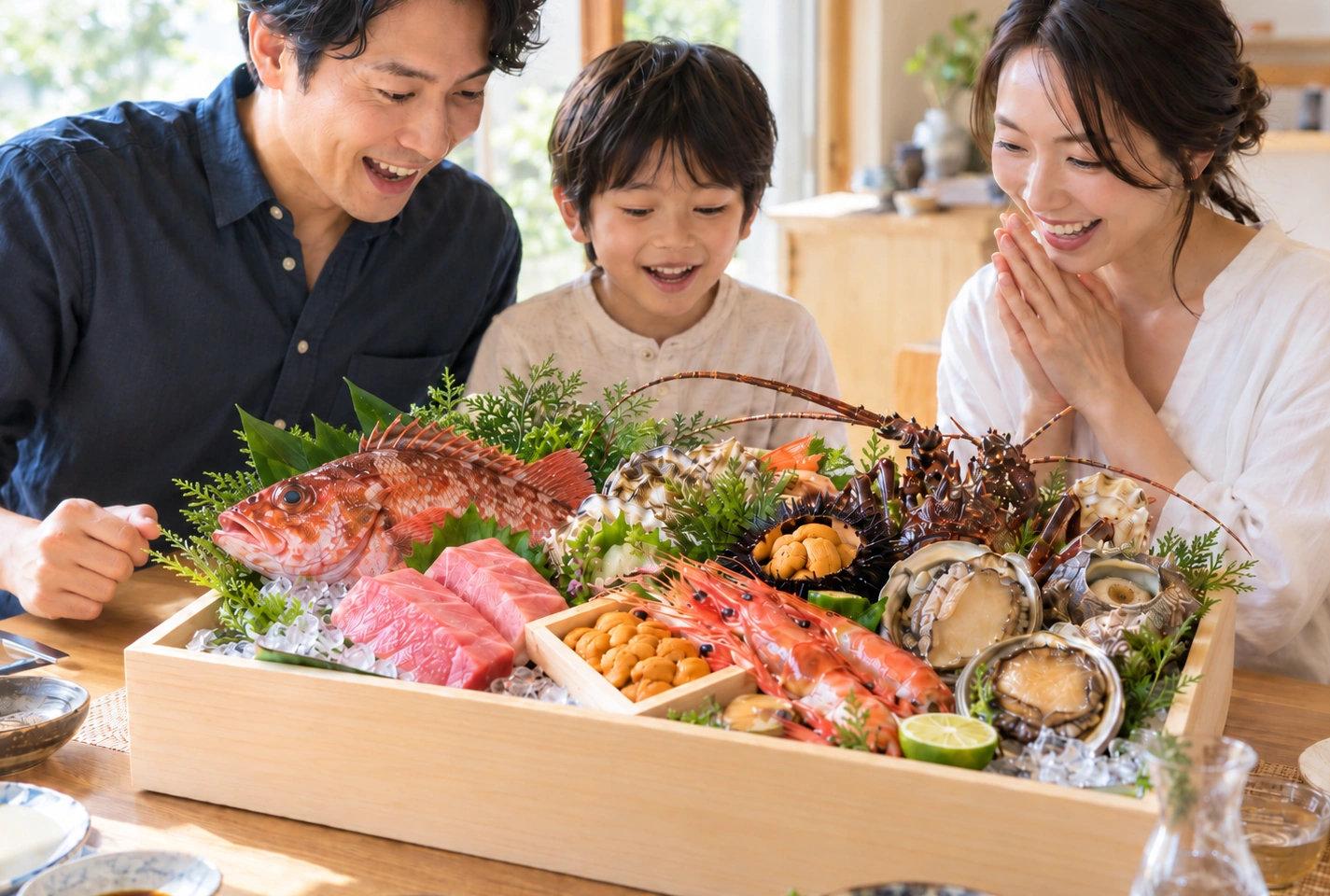 特別な魚介の詰め合わせを喜ぶ家族