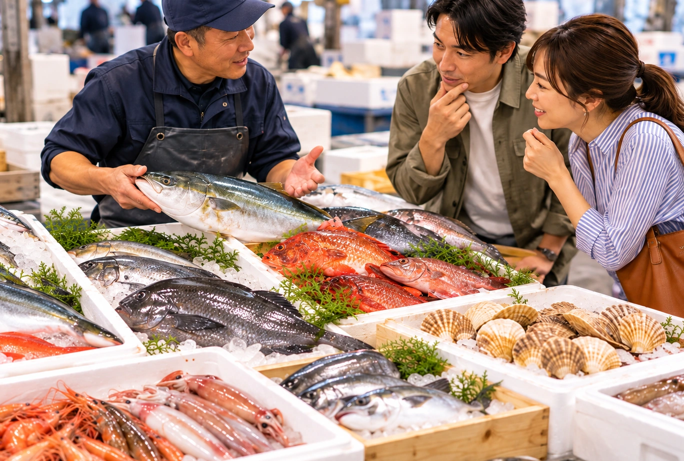 市場のスタッフに魚選びを相談する二人