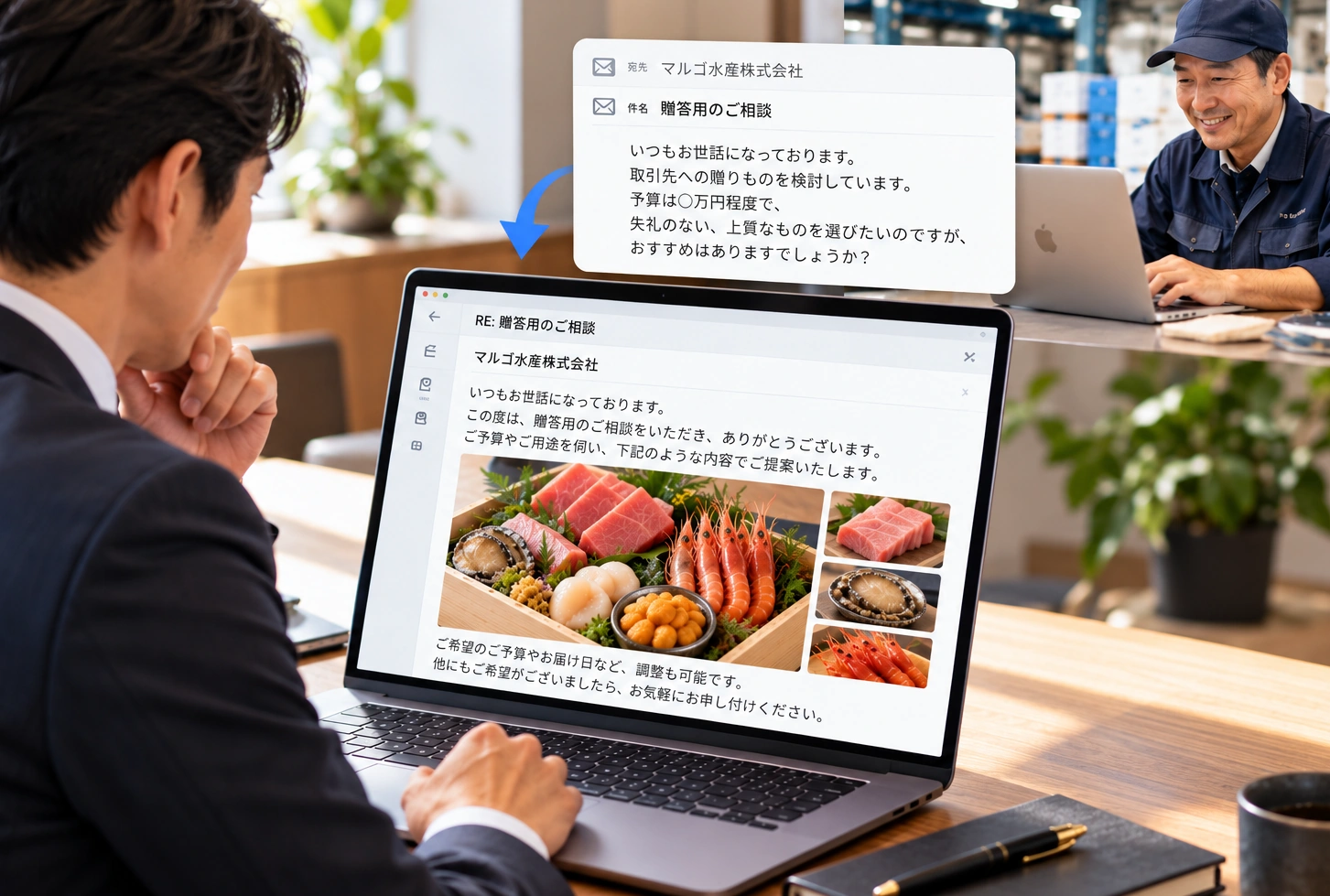 取引先への海鮮ギフトを相談する様子